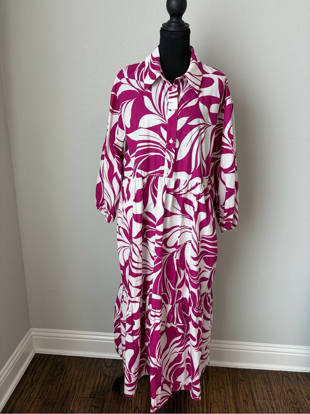 Anthropologie Maeve Pink White Tiered Midi Shirtdress Size L